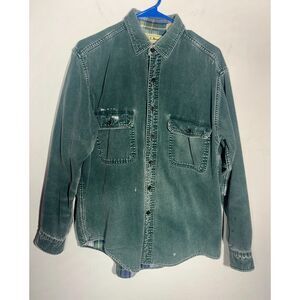 LL Bean Shirt Mens Medium Green Chamois Button Front Plaid Lined Cotton